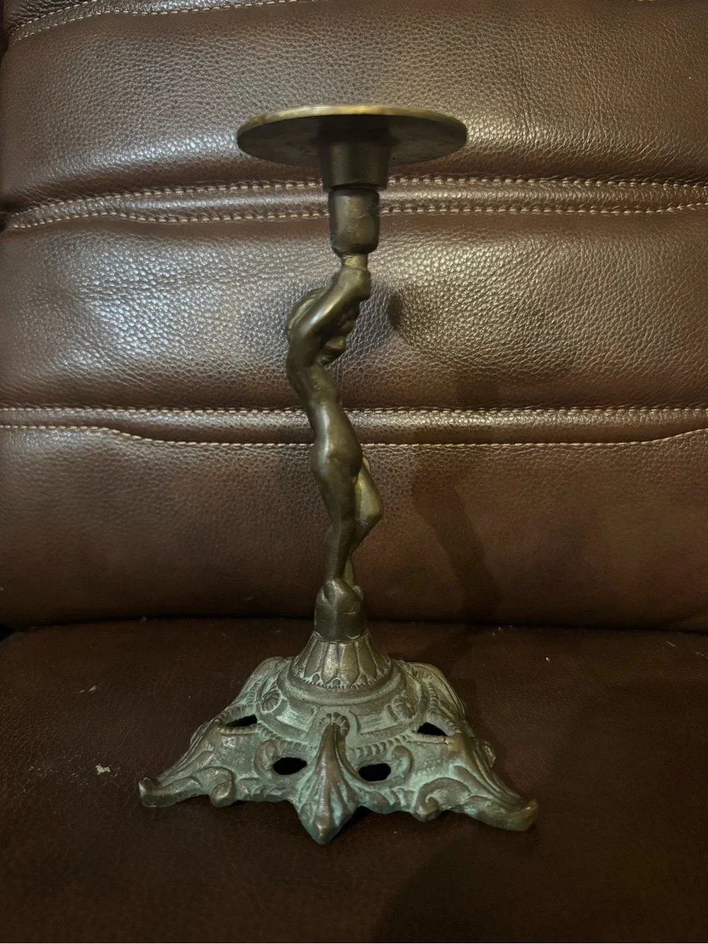 Antique-Style Bronze Cherub Candle Holder - Decorative Table Accent